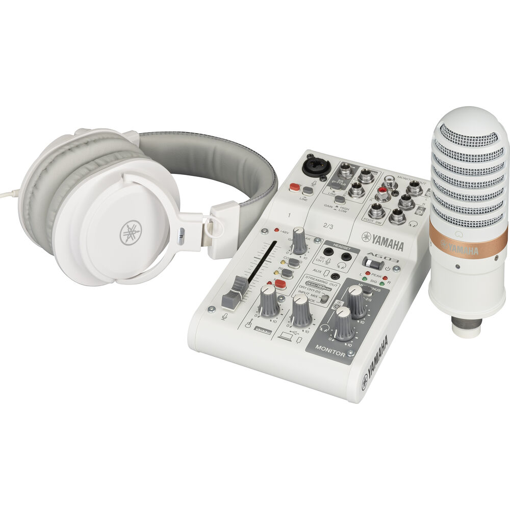 Yamaha AG03MK2 3-Channel Mixer/Interface Live Streaming Pack with Microphone and Headphones (White)
