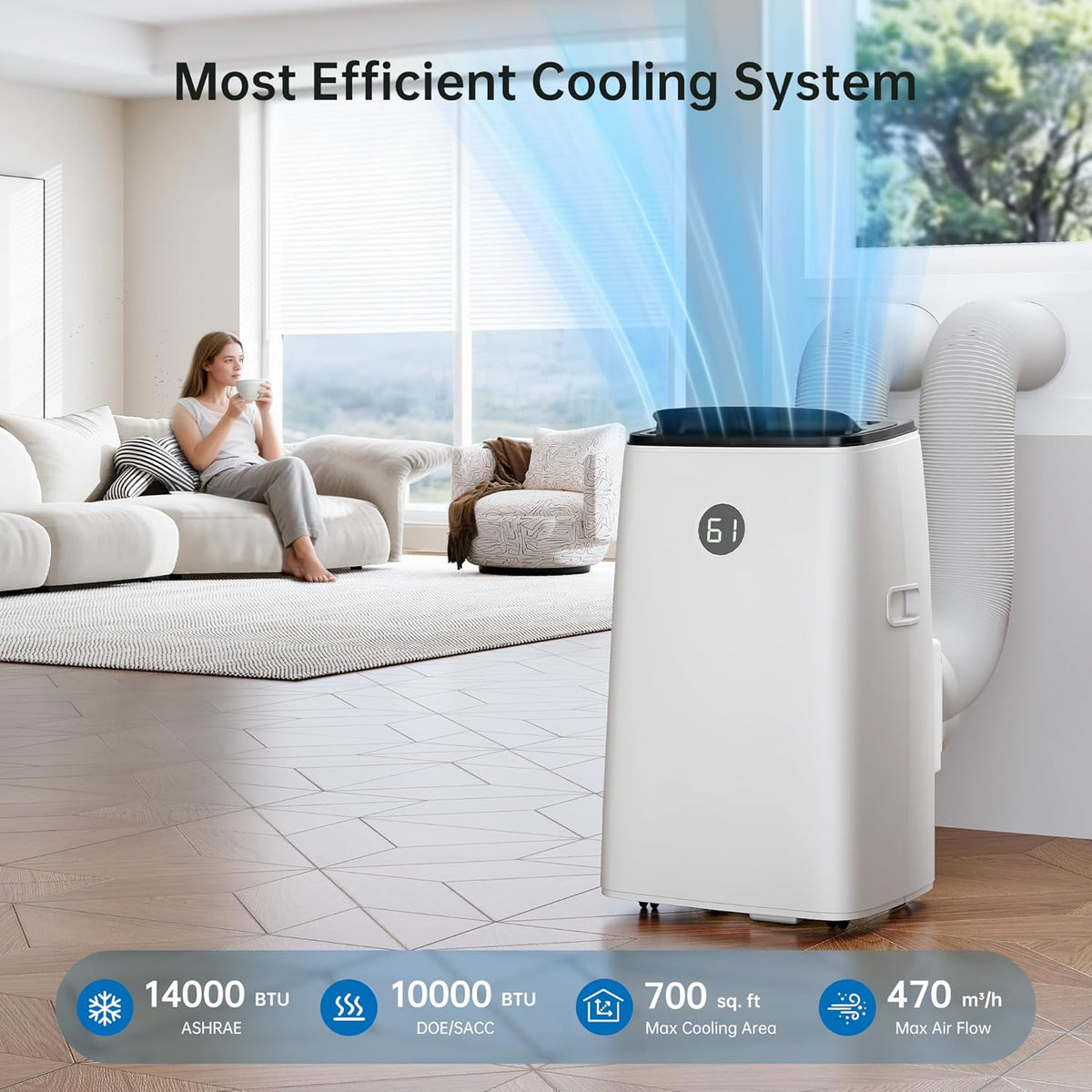 14000 BTU Portable Air Conditioner with Inverter Technology, Dual Hose, Cooling, Fan & Dehumidifier, Remote Control
